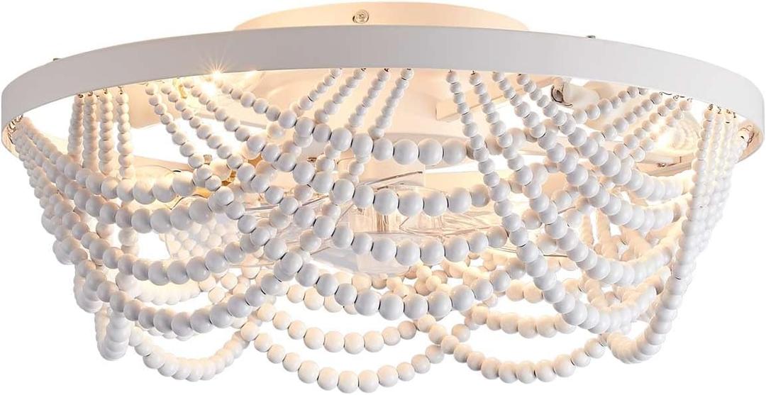 Boho Ceiling Fan with Lights Flush Mount,20 Inch Bohemia White Wood Bead Close to Ceiling Fan Light, 4 Lights Low Profile Enclosed Ceiling Fans with Remote Control for Bedroom Living Room Kitchen