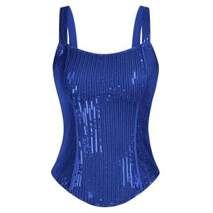 Women Bustier Corset Top Sexy Slim Tank Top Square Neck Sequin Royal Blue Summer Sleeveless Party XL