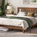 LINSY Solid Wood Bed Frame, Mid Century Modern Bed Frames Full Bedframe Wooden Platform Frame with Headboard and Slat Bases, No Box Spring Needed, Easy Assembly, Antique Walnut