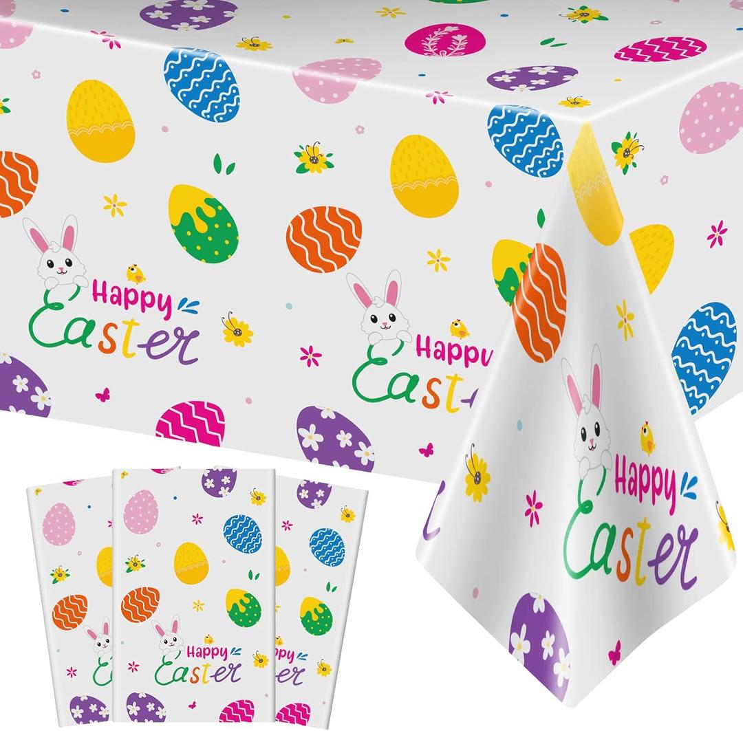 3 Pcs Easter Tablecloth-Happy Easter Bunny Table Cover, Disposable Plastic Rectangle Flower Colorful Eggs Table Cloth for Spring Day Tables Decorations and Party Supplies Favors, 54 x 108 Inch