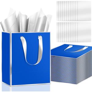 Epoesch 24Pcs Premium Metallic Paper Gift Bags with Handles & Tissue Paper  8"x5"x10" Blue with Silver Edge  Welcome Gift, Thank You Bags for Party, Wedding, Business (Royal Blue Silver, 1 Count (Pack of 24))