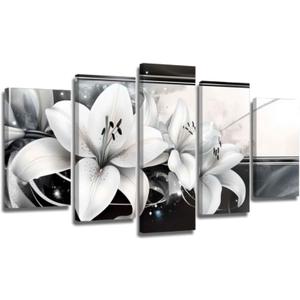XLMDYYSW Large Lily Canvas Wall Art 5 Pieces Abstract Black and White Flowers Picture Lily Floral Prints Paintings for Modern Living Room Office Decor Framed (White, 8x14inx2 8x18inx2 8x22inx1)