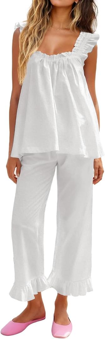 KFUBUO Womens Pajamas Set 2 Piece Ruffle Pj Soft Tank Top and Long Pants Lounge Set with Pockets Women Loungewear Set S
