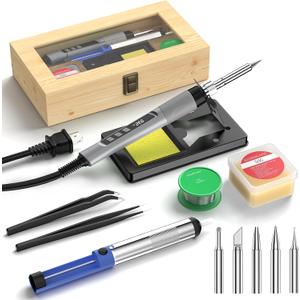 Soldering Iron Kit, 190W Soldering Gun, 110V LED Solder Kit for Electronics, Adjustable Temperature 356-932, Includes Solder Wire, Sucker, Tips, Stand, Tweezers, Paste and Solid Wood Box, Grey