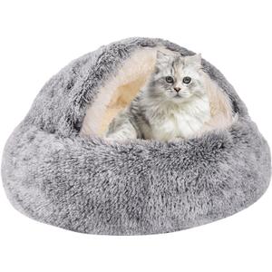 Round Hooded Cat Bed & Dog Bed with Cover Cave, Dog Bed for Small Dogs, Faux Fur Cuddler Round Coved Cat Bed Self Warming Donut Dog Bed Fits up to 12 lbs Pets (Gray, 20inch x 20inch)