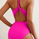 Herseas Women's Twist Cut Out One Piece Swimsuit V Neck Knotted Tummy Control Bathing Suit (Blue, XXL)