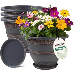 10 Inch 4 Pack Large Plant Pots, Plastic Flower Pot for Indoor & Outdoor with Drainage Holes & Saucer, Plaid Pattern Planters Garden Pots for Herbs (Copper)