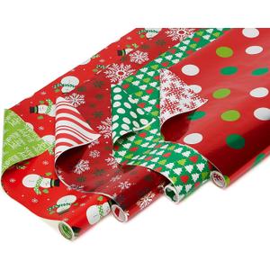 American Greetings Reversible Christmas Wrapping Paper Rolls, Red and Green Holiday Gift Wrap (105 sq. ft., 4 Rolls-30 in. x 12 ft.) Polka Dots, Trees, Snowmen and Snowflakes
