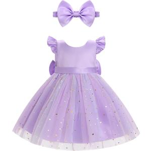 OBEEII Baby Girls Birthday Cake Smash Outfit Formal Baptism Photoshoot Tulle Dress Wedding Flower Girl Dress with Headband (Purple)