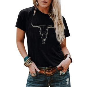 Boho Cow Skull Shirt Women Cowgirl t Shirt Vintage Western Rodeo Graphic Tee Short Sleeve Bull Skull Casual Top (Large, Black)