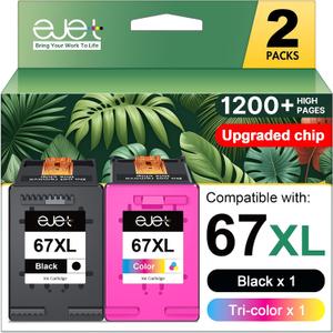 67XL Ink Cartridges Black/Color Combo Pack Compatible for HP Ink 67 67XL Works with HP Deskjet 2855e 2800e 2852e 2827e 4227e 4255e 1255 Envy 6055e 6075 6432e 6455e 6458e 6475e Pro 6455 Series (2-Pack)