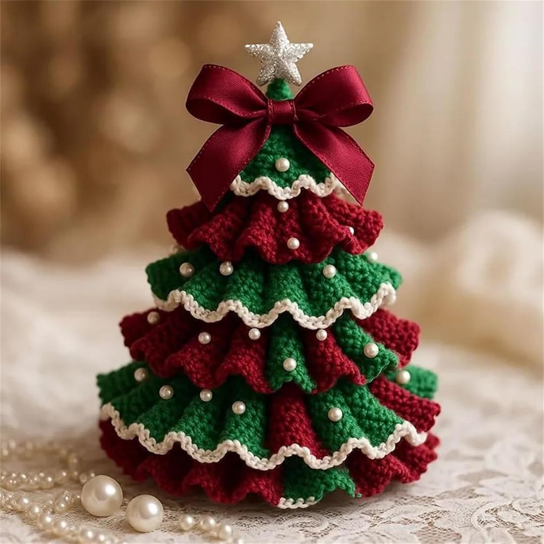 Crochet Christmas Tree Kit,Finished Product DIY Crochet Christmas Tree Kit Tree Bow Pearl Embellishment DecorationsSuitable for Christmas, Holidays, Parties Etc(Green+Red)