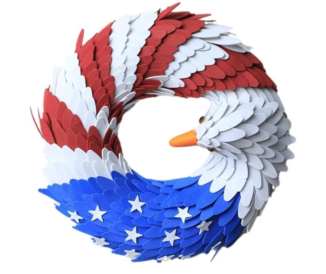 Americana Patriotic July 4th Wreath, Handcrafted Memorial Day Wreath Festival Decoration,Independence Garland with Red White Blue,Front Door Wall Home Decor, -9.45 inch