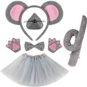 Rat Costume Set, Mouse Ears Headband, Tail, Animal Cosplay for Halloween, Role Play, Dress Up, Party Accessories (7pcs)