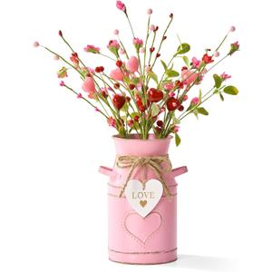 Valentines Day Centerpieces for Tables, Valentines Table Decor with 1 Vintage Pink Metal Vase, 4 Pcs Heart Artificial Flowers, Valentine's Day Table Decorations Indoor for Home, Kitchen
