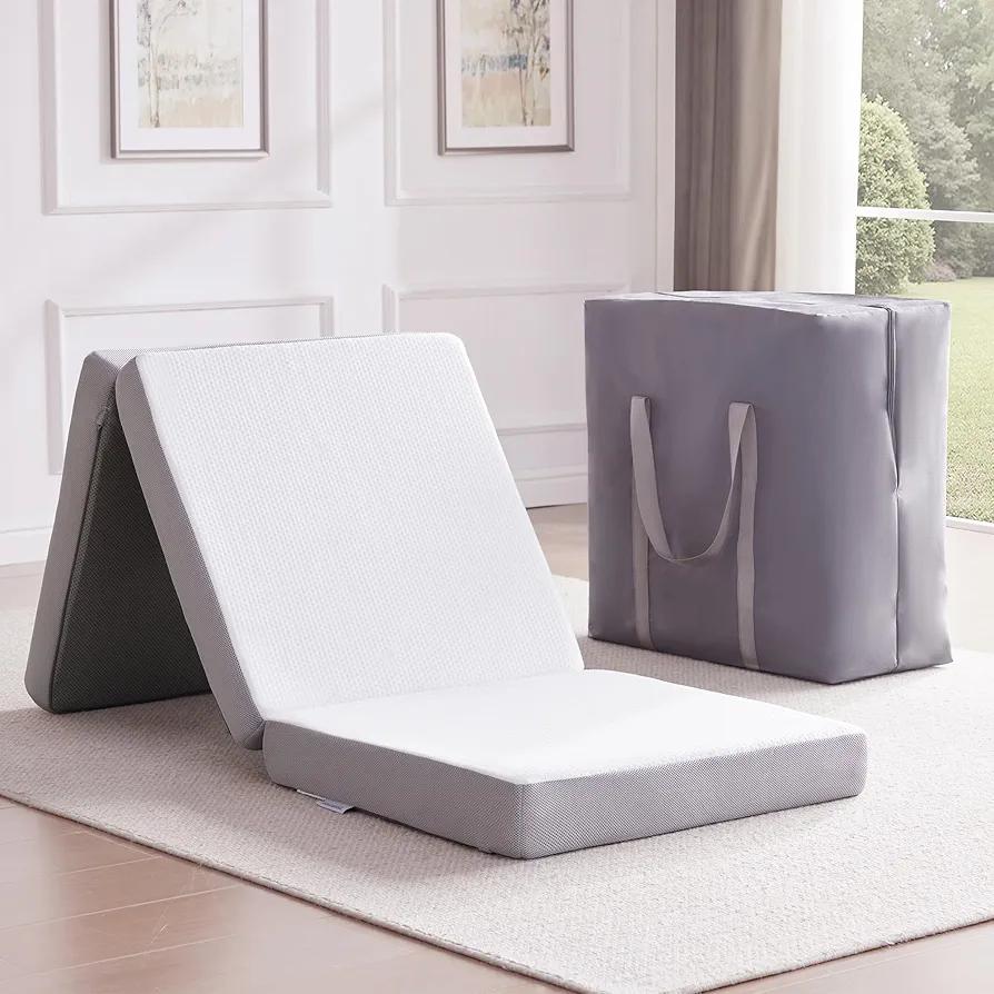 Tri Folding Mattress, Tri fold Mattress Single 4 inch Foldable Mattresses Memory Foam for Travel Camping Floor Guest Bed, Washable Cover with Storage Bag (75"x25"x4")
