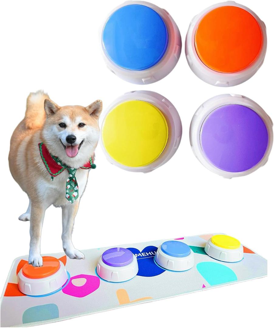 Push Button Set 4 Color Recordable Voice Buttons with NonSlip Training Mat, Voice Recording Buttons and Interactive Communication Buttons for Dogs, Cats, Puppies & Small Pets
