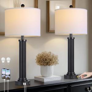 28" Tall Modern Table Lamps Set of 2 with USB C+A Ports and AC Outlet, 3 Way Touch Metal Bedside Lamps for Bedroom, Black Nightstand Lamps for Living Room