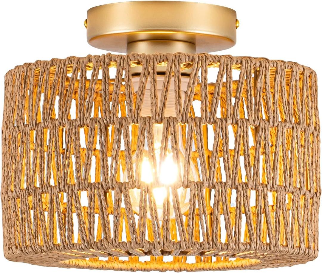 Rattan Ceiling Light, 1 Light Bohemian Modern Woven Flush Mount Ceiling Light, Boho Light Fixture for Bedroom Living Room Dining Room, Gold Finish