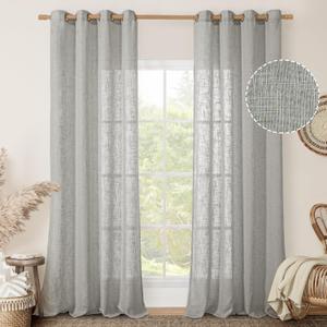 LAMIT Grey Linen Curtains 95 inch for Living Room, Semi Sheer Light Filtering Boho Window Textured Burlap Drapes with Bronze Grommet for Bedroom Farmhouse, 2 Panels Set, 52 x 95 Inch