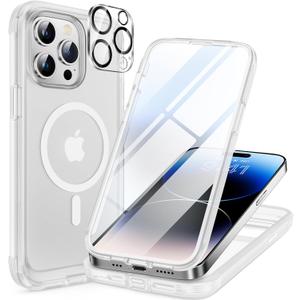 Miracase Magnetic for iPhone 14 Pro Case 6.1 inch, (Compatible with MagSafe) Upgrade Full-Body Clear Phone Bumper Case with Built-in 9H Tempered Glass Screen Protector, Frosted Clear