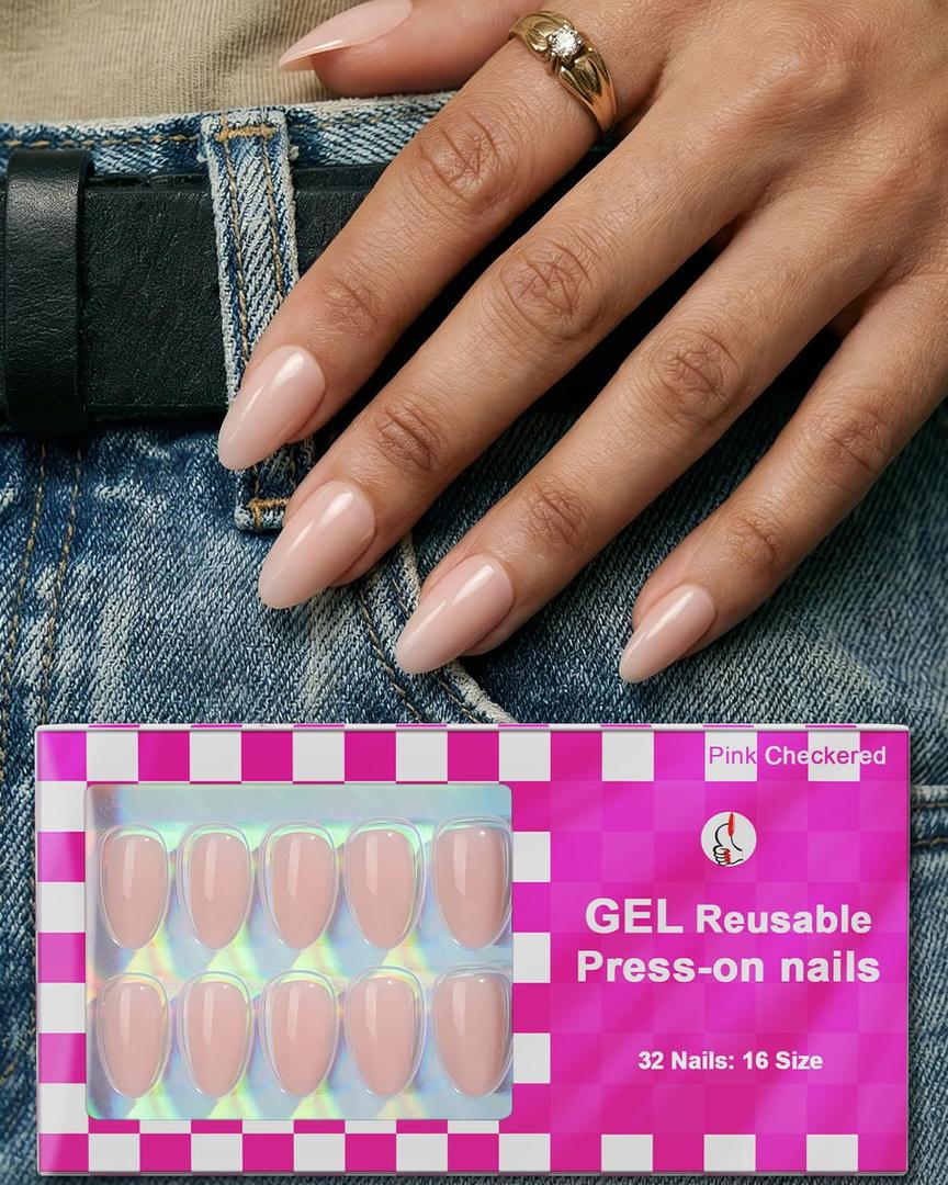 32pcs Short Press On Nails Almond 16 Sizes Glossy Fake Nails with Glue (Nude Pink)