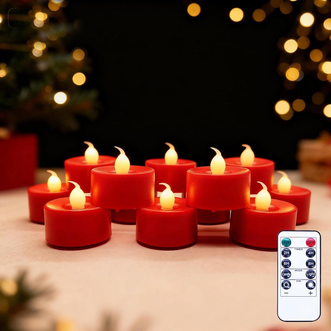 Red Votive Candles Battery Operated, 12 Pack Red Tea Lights Candles, 1.7"x1.6" Votive Candles with Remote & Timer, Flameless Tealight Candles for Halloween Jack-O'-Lanterns, Christmas & Home Decor