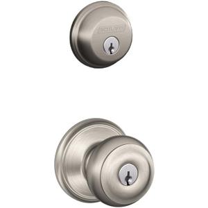 SCHLAGE Satin Nickel FB50N V GEO 619 B60 Single Cylinder Deadbolt and F51 Entry Georgian Knob Keyed Alike, Finish, Security Set