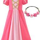 Little Girls Renaissance Medieval Dress Irish Costume Cosplay Retro Gown Halloween Xmas Princess Daily Wear, 7-8 Years, Pink