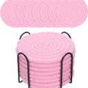 uxcell 8 Pcs Drink Coasters with Holder, Cotton Woven Coaster Set, Absorbent Coasters for Cups, Drinks, Home Decor and Tabletop Protection, 4.3 Inches Pink