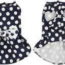 Cute Polka Dots Cat Small Dog Dress with Bow Tie Summer Clothes with D-Ring on The Back for Puppy Cat(Navy with White Dots, Large) (Large (Chest Girth 42cm/16.5in))