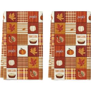Artoid Mode Checkered Stripe Pumpkin Turkey Thanksgiving Kitchen Towels Dish Towels, 18x26 Inch Farmhouse Holiday Decoration Cleaning Set of 2