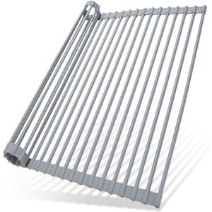 Ohuhu Over Sink Dish Drying Rack, Silicone Wrapped 17.6" W x 15.4" L Large Over The Sink Roll Up Dish Drainer - Foldable Sink Drying Rack Rolling Drain Mats Anti-Slip Multipurpose for Kitchen Counter (Gray)
