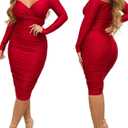 Rodawu Women's Sexy Deep V Neck Off Shoulder Bodycon Midi Dress (Red)