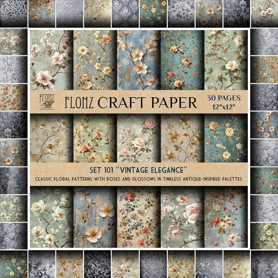 FLONZ Scrapbook Paper (30 pages 12"x12") Vintage Elegance: Classic Floral Patterns with Roses and Blossoms in Timeless Antique-Inspired Palettes ~ Vintage Styled Double Sided Paper Pad for Craft