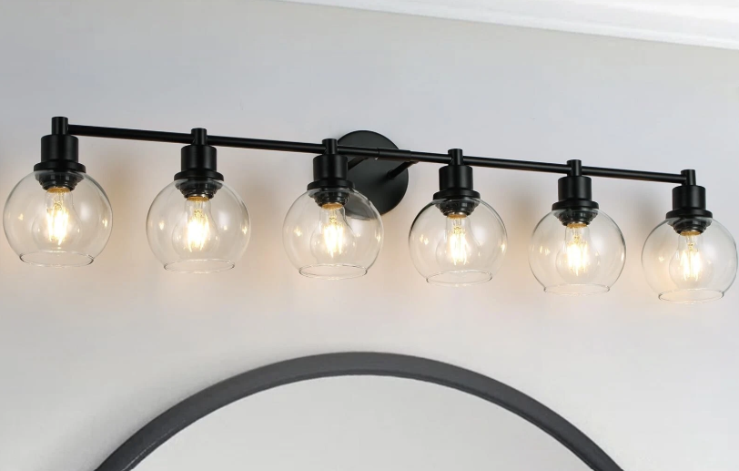 CMHSYTKE 6 Light Black Bathroom Light Fixtures with Clear Globe Glass Shade, Matted Black Wall Sconce Over Mirror for Kitchen, Living Room