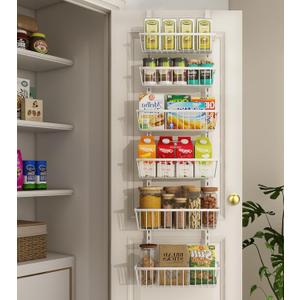 12 Inch Wide Narrow Over The Door Pantry Organizer, Pantry Organization and Storage, 6-Tier Metal Hanging Deep Basket Wall Spice Rack Seasoning Shelves, Home & Kitchen Essentials, White