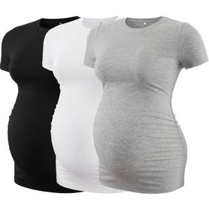 Liu & Qu Womens Maternity Shirts Ribbed Short Sleeve Maternity Tops Casual Crew Neck Side Ruched Pregnancy Clothes 3 Pack (X-Large, Black+white+grey)