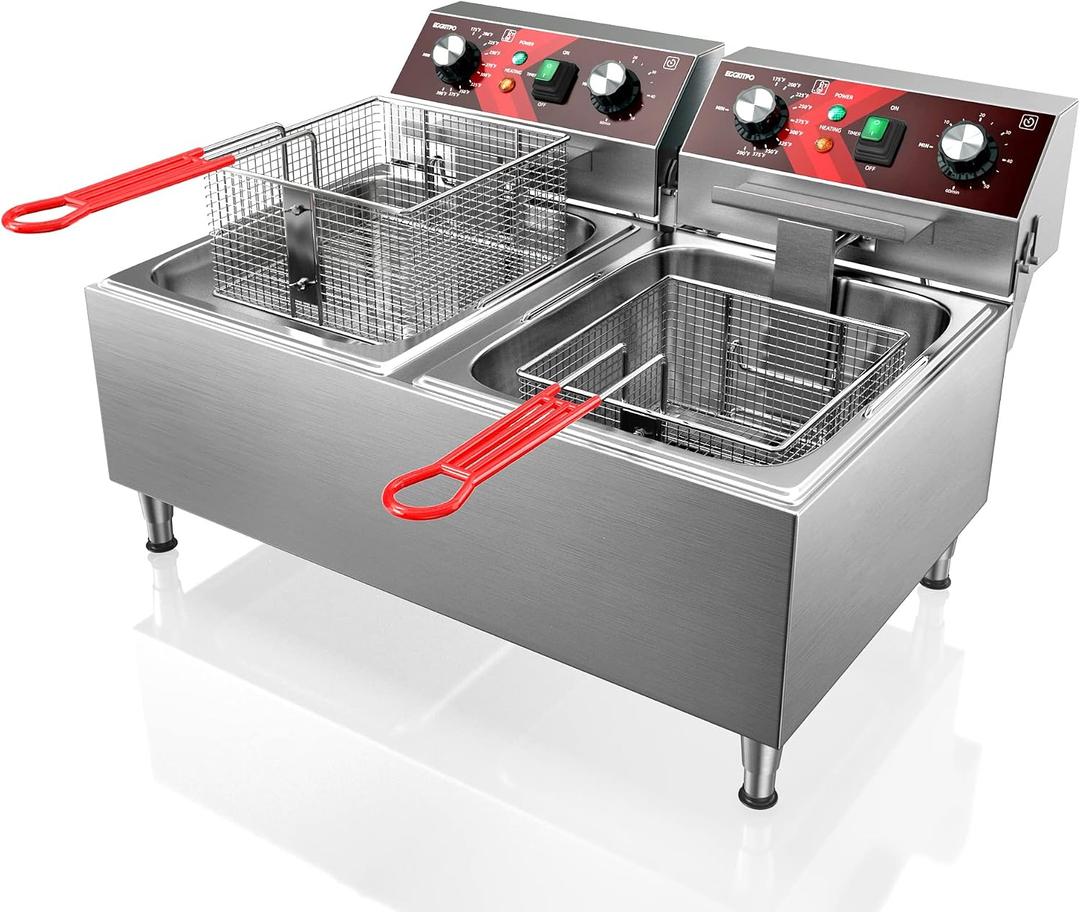 EGGKITPO Deep Fryers Stainless Steel Commercial Deep fryer with Timer Dual Tank Electric Deep Fryer with 2 Baskets Large Capacity 10L X 2 Electric Countertop Fryer for Restaurant and Home, 120V 3600W
