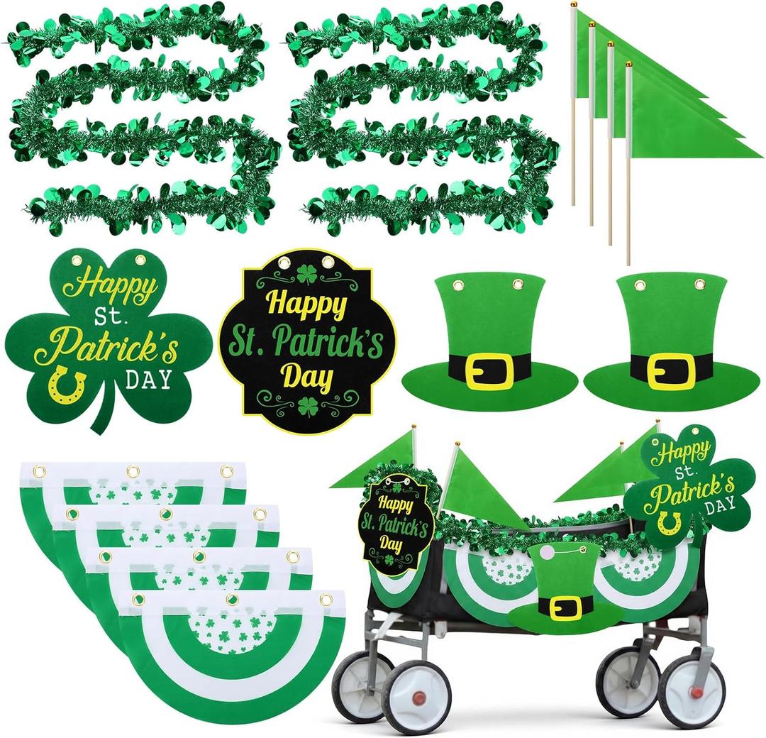 14 Pcs St Patrick Day Wagon Parade Float Decoration Kit Folding Strollers Walkers Wagon Cart Decorations Irish Green Garland Felt Hanging Cloth Fan Flag for St Patrick's Parade Party Supplies