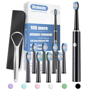 ORALEXIS Electric Toothbrush for Adults and Kids, with 8 Brush Heads and Tongue Scraper, 2 Minute Smart Timer, One Fast Charge Last 120 Days, 40000 VPM Deep Clean, Sonic Travel Toothbrush - Black, Charging Cord Not Included