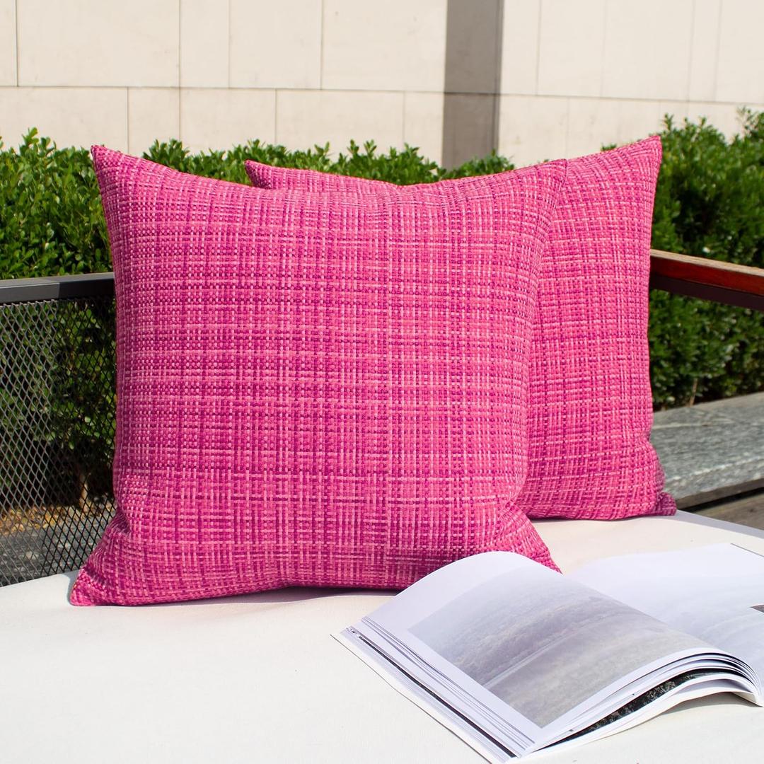 2 x Kevin Textile Pack of 2 Valentines Decorative Outdoor Waterproof Throw Pillow Covers Stripe Square Pillowcases Modern Cushion Cases for Patio Couch Bench 18 x 18 Inch Hot Pink