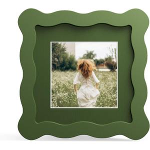 4x4 Picture Frame with Mat for 3x3, Wavy Edge Wooden Real Glass Photo Frame for Tabletop and Wall Hanging, Green, 1 Pack