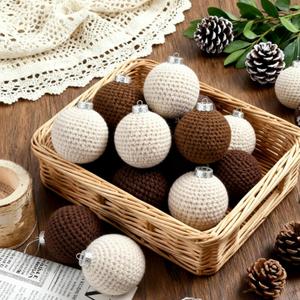 Soulchen 12 Pcs Neutral Christmas Crochet Ornaments 2.36" Boho Farmhouse Christmas Tree Hanging Balls Handmade Vintage Rustic Knitted Ornaments for Xmas Tree Holiday Decor(Beige, Khaki, Brown)