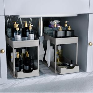 DEKAVA Under Sink Organizer 2 PackBathroom Cabinet Organizer 2 Tier Sliding Cabinet Basket Organizer Drawer, Multi-Purpose Bath Collection Baskets for Bathroom (Grey)