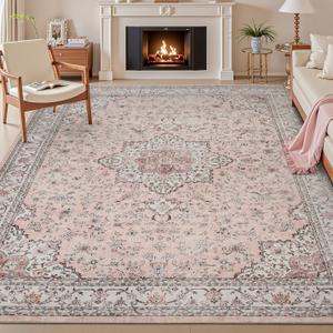 Washable Area Rug 6x9 - Rugs for Living Room Bedroom Non Slip Low Pile Floor Carpet Ultra Soft Vintage Rug for Dining Room Playroom Home Indoor Pink
