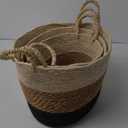 Round Wicker Table and Floor Baskets - Beige and Black - Set of 3