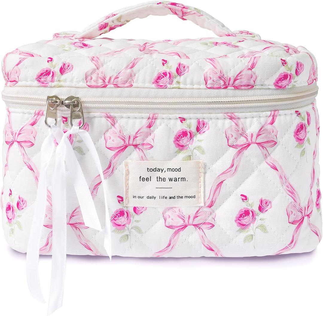 Makeup Bag Large Travel Quilted Cosmetic Bag Organizer, Floral Cotton Coquette Aesthetic Toiletry Bag Gift for Women Girls (Pink Bow Flowers-L)