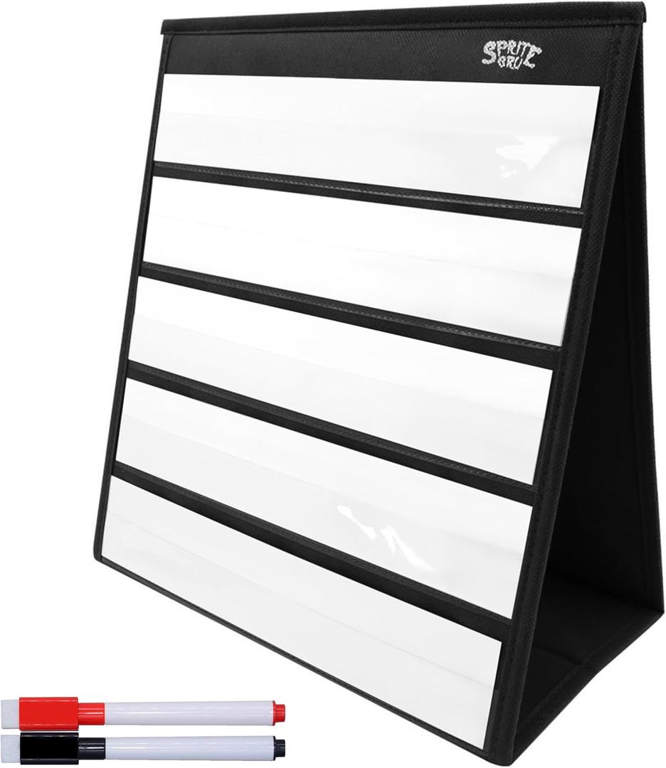 Black Tabletop Desktop Pocket Chart with Bonus 20X Dry Erase Cards. Double Sided and Self-Standing (13 X 12)