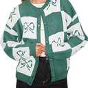 Saodimallsu Womens Checkered Sweater Bow Color Block Plaid Cardigan Long Sleeve Button Open Front Knit Coat (Medium, Black)